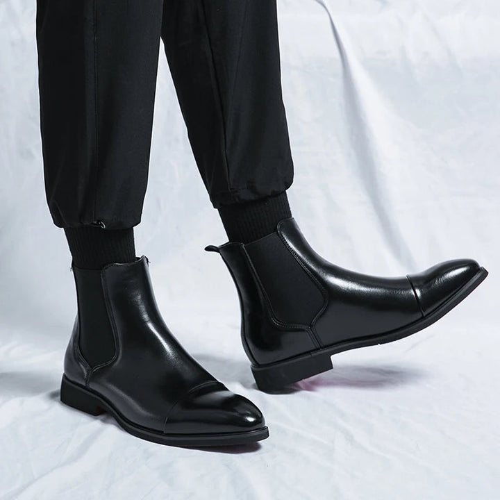 Men’s Leather Boots – Sleek Fit – Ankle Length – Cap Toe – Slip-On Chelsea Style